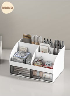 DUNISO Desk Organizer and Accessories with 2 Drawers and 6 Compartments, Plastic Makeup Organizer, Mini Pen Holder for Desktop Storage, Desk Organization for School, Home, Office Supplies  - Image 5
