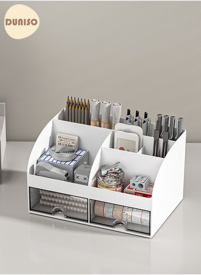 DUNISO Desk Organizer and Accessories with 2 Drawers and 6 Compartments, Plastic Makeup Organizer, Mini Pen Holder for Desktop Storage, Desk Organization for School, Home, Office Supplies  - Image 5