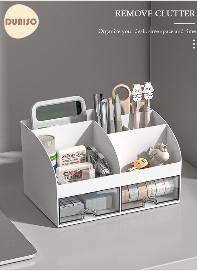 Desk Organizer and Accessories with 2 Drawers and 6 Compartments, Plastic Makeup Organizer, Mini Pen Holder for Desktop Storage, Desk Organization for School, Home, Office Supplies