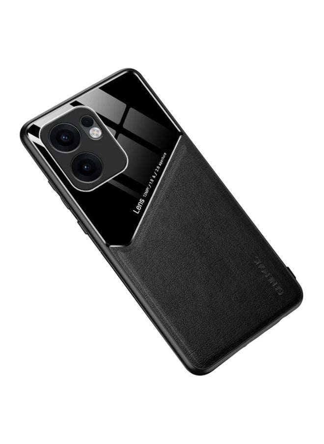 Generic Case Compatible With Oppo Reno 13F Cover Luxury Leather And Glass With Car Magnetic Holder Phone Cover Soft Frame Silicone - Black  - Image 1