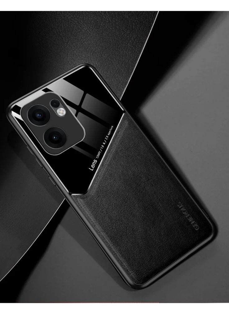 Generic Case Compatible With Oppo Reno 13F Cover Luxury Leather And Glass With Car Magnetic Holder Phone Cover Soft Frame Silicone - Black  - Image 2