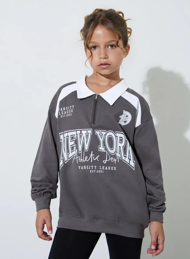 Styli Teen Girls Grey Oversized Graphic Polo Sweatshirt