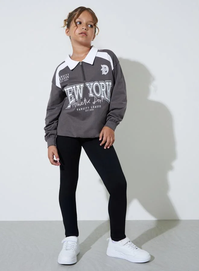 Styli Teen Girls Grey Oversized Graphic Polo Sweatshirt