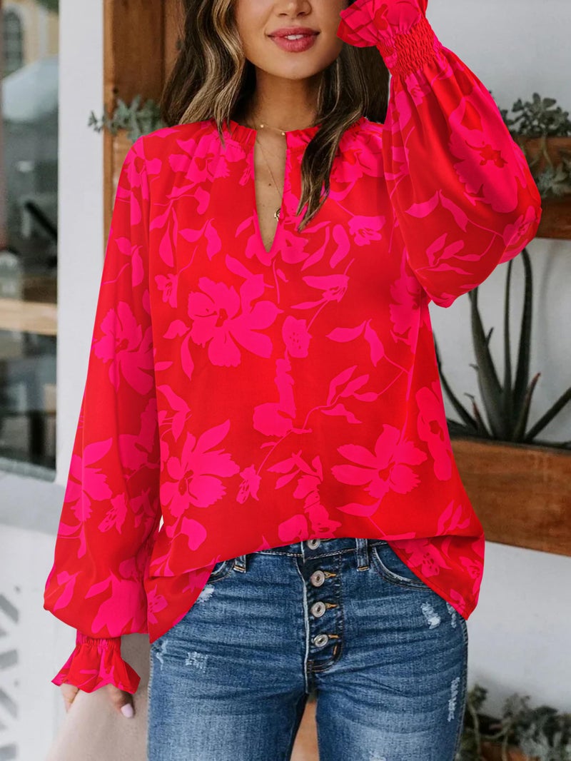 MASCOMODA Womens V Neck Floral Long Sleeve Tops 2026 Summer Casual Loose Puff Sleeve Chiffon Boho Work Blouse Dressy T Shirts(Red Big Floral,X-Large) - Image 2
