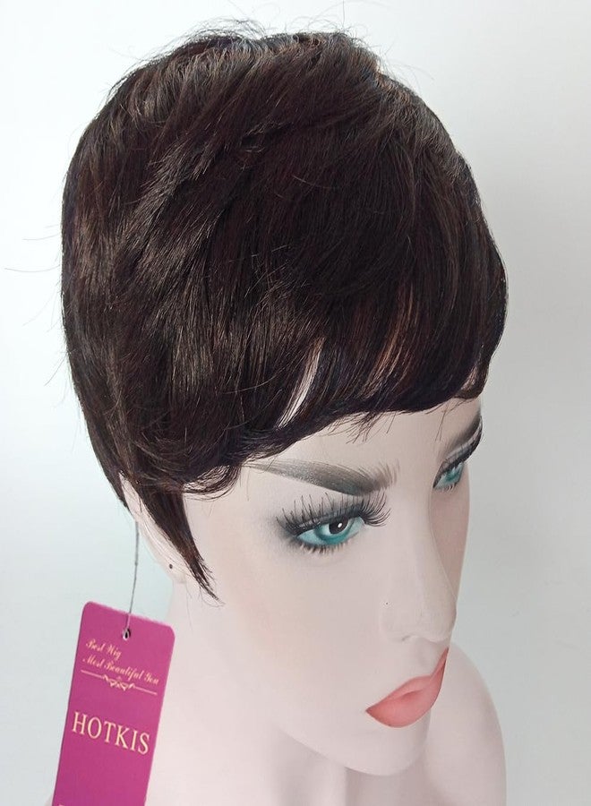 HOTKIS Pixie Cut Wig Human Hair Short Brown Human Hair Wigs for Black Women - Glueless Non Lace Machine Made Natural Straight Layered Cut Hair Pixie Wigs #4 Color 4 inch - Image 4
