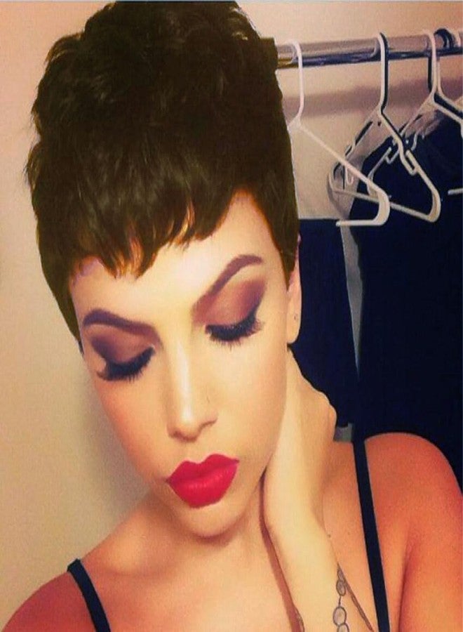 HOTKIS Pixie Cut Wig Human Hair Short Brown Human Hair Wigs for Black Women - Glueless Non Lace Machine Made Natural Straight Layered Cut Hair Pixie Wigs #4 Color 4 inch - Image 2
