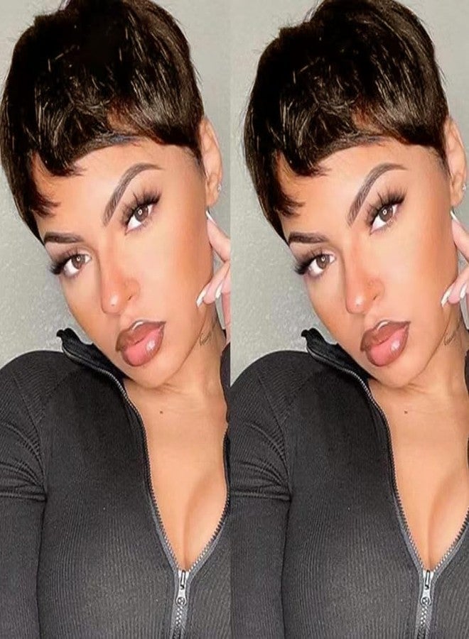 HOTKIS Pixie Cut Wig Human Hair Short Brown Human Hair Wigs for Black Women - Glueless Non Lace Machine Made Natural Straight Layered Cut Hair Pixie Wigs #4 Color 4 inch - Image 1
