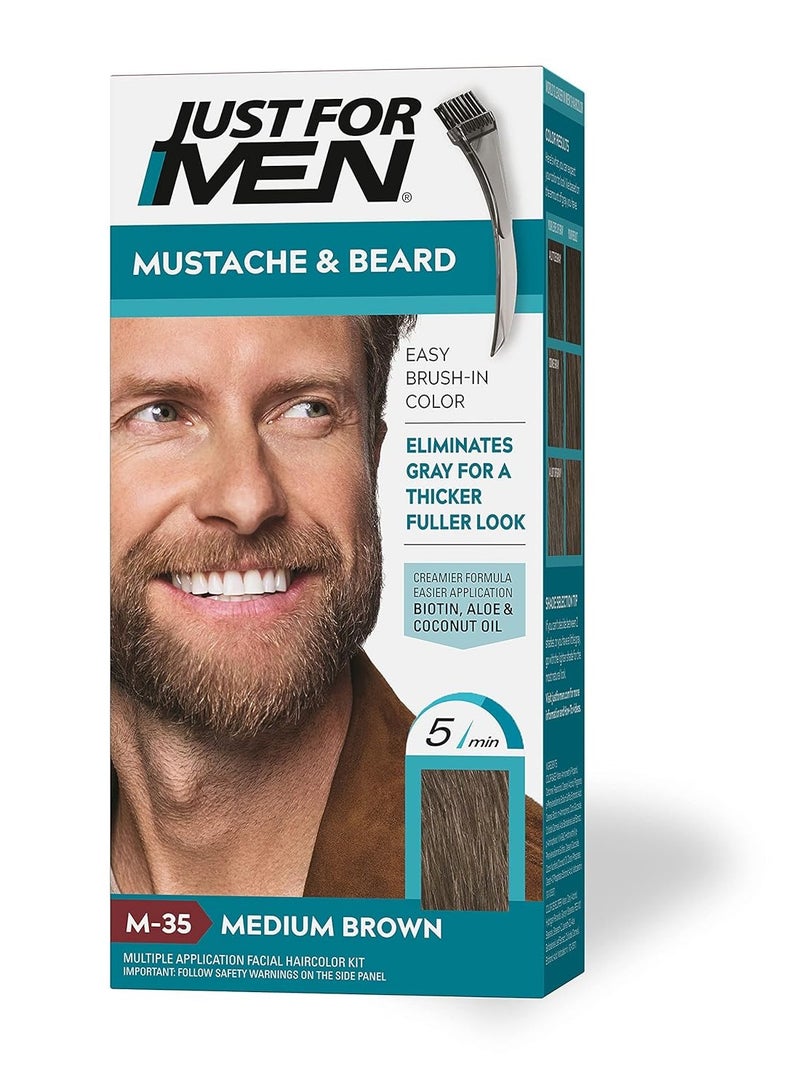 Just For Men Just For Men Mustache & Beard, Beard Dye for Men with Brush Included for Easy Application, With Biotin Aloe and Coconut Oil for Healthy Facial Hair - Medium Brown, M-35, Pack of 1 - Image 1