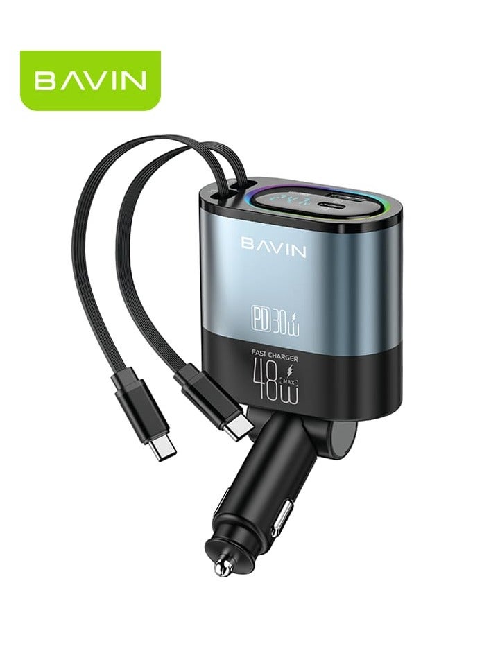 Bavin PC2083 4 in 1 48W Fast Car Charger w/ 90cm Built-in Dual Retractable Type-C & iPh Cables - Image 1