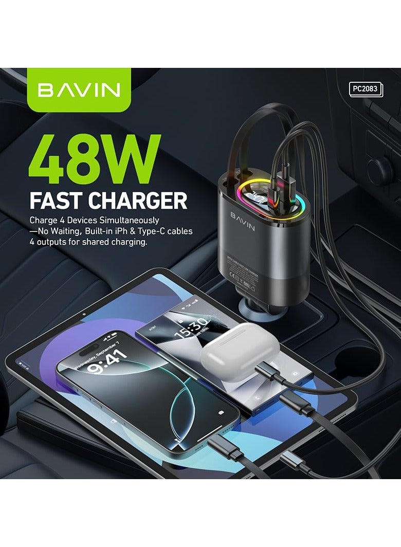 Bavin PC2083 4 in 1 48W Fast Car Charger w/ 90cm Built-in Dual Retractable Type-C & iPh Cables - Image 2