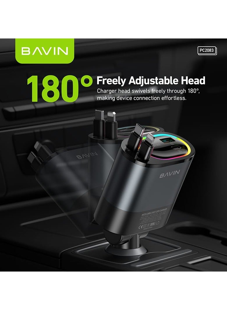 Bavin PC2083 4 in 1 48W Fast Car Charger w/ 90cm Built-in Dual Retractable Type-C & iPh Cables - Image 4