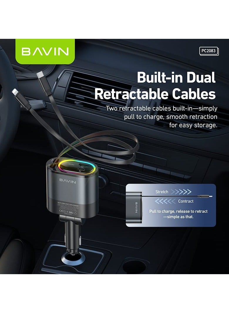 Bavin PC2083 4 in 1 48W Fast Car Charger w/ 90cm Built-in Dual Retractable Type-C & iPh Cables - Image 5