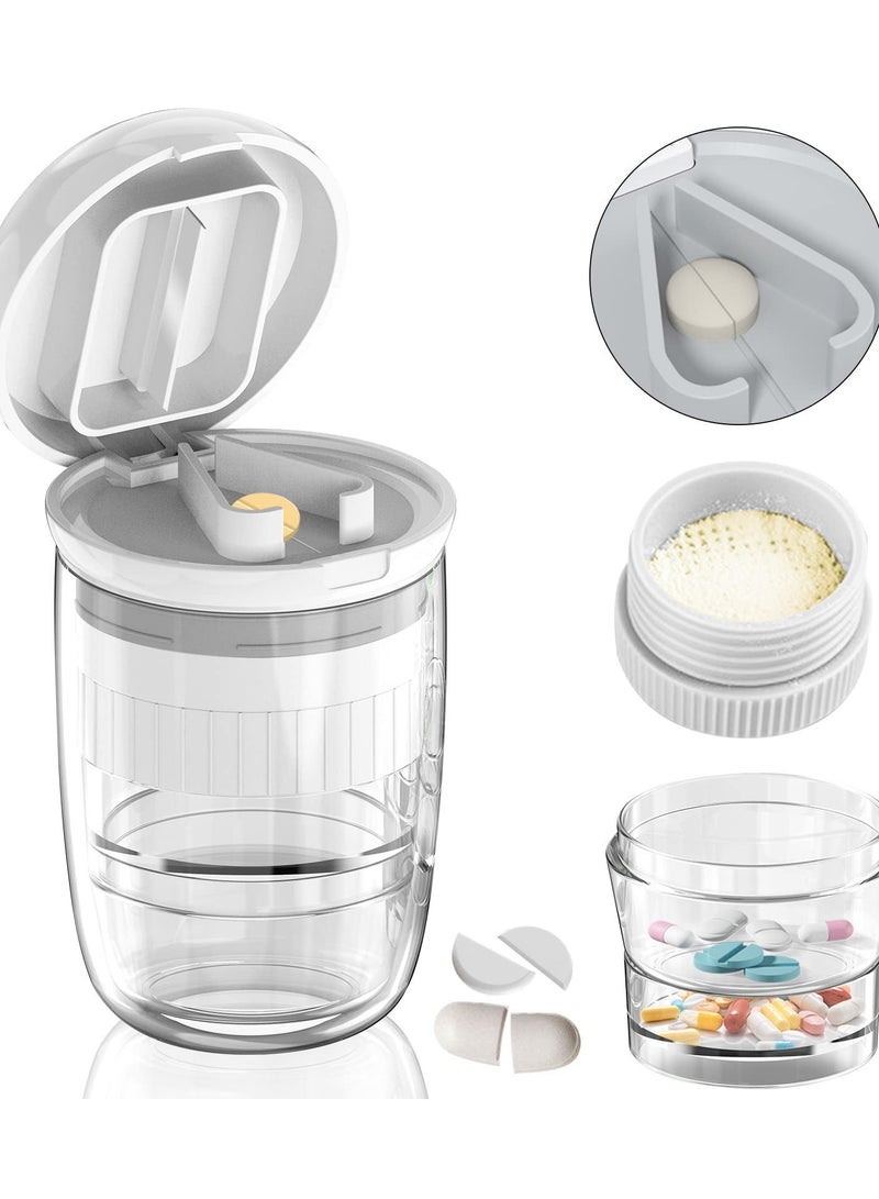 Pill Cutter Splitter, Crusher for Small Pills or Large, 4-in-1 Crushes Pills, Vitamins, Tablets, Stainless Steel Blade, Removable Drinking Cup (White), - Image 1