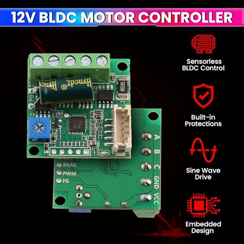 amiciSmart DC 6-20V 60W Brushless Motor Driver Board – 3A BLDC Speed Controller for 3-Phase Hallless Motors | High-Speed Governor Module With Cable for DIY Electronics, Robotics & Small Motor Control - Image 2