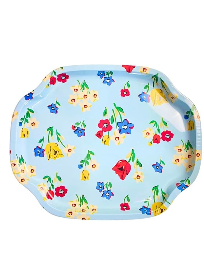 40 x 34cm Sturdy Metal Oval Serving Tray, Elegant Multipurpose Tray for Home, Kitchen or Gifts, Elegant Multipurpose Serving and Decorating Tray (Light Blue Flower) - Image 1