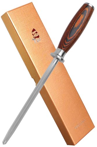 TUO Honing Steel Sharpening Rod for Kitchen Knives Daily Sharpening Maintenance High Carbon German Stainless Steel with Pakkawood Handle 8 inch  Fiery Phoenix Series