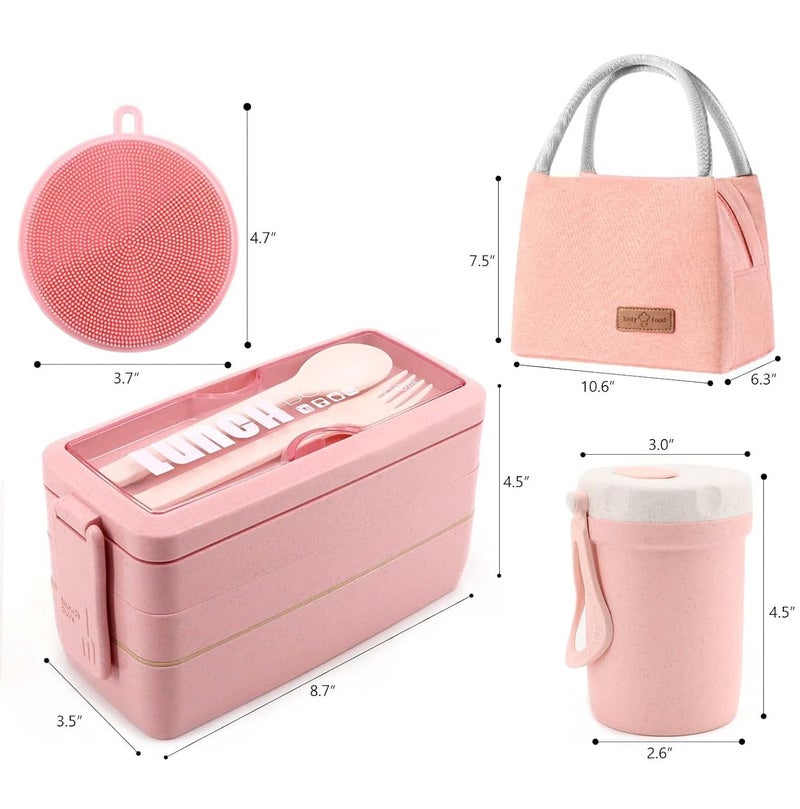 Meltset M Bento Box Japanese Lunch Box Kit Leakproof Bento Lunch Box for Kids Adults Wheat Straw 3 Layer Stackable Lunch Containers with Compartment Eco-Friendly Meal Prep Containers (Pink) - Image 4