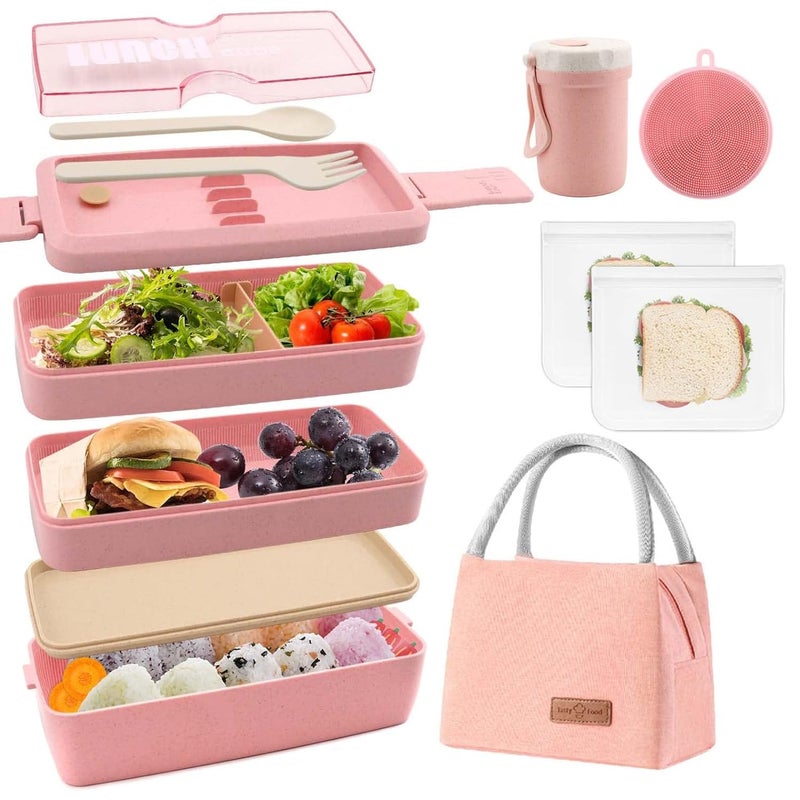 Meltset M Bento Box Japanese Lunch Box Kit Leakproof Bento Lunch Box for Kids Adults Wheat Straw 3 Layer Stackable Lunch Containers with Compartment Eco-Friendly Meal Prep Containers (Pink) - Image 1
