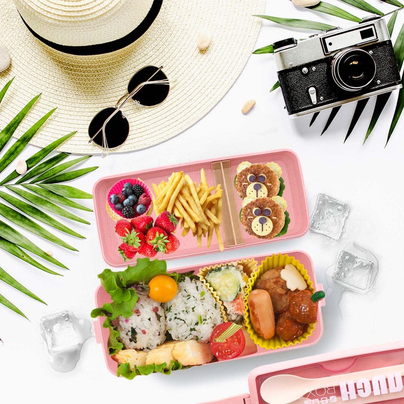 Meltset M Bento Box Japanese Lunch Box Kit Leakproof Bento Lunch Box for Kids Adults Wheat Straw 3 Layer Stackable Lunch Containers with Compartment Eco-Friendly Meal Prep Containers (Pink) - Image 3