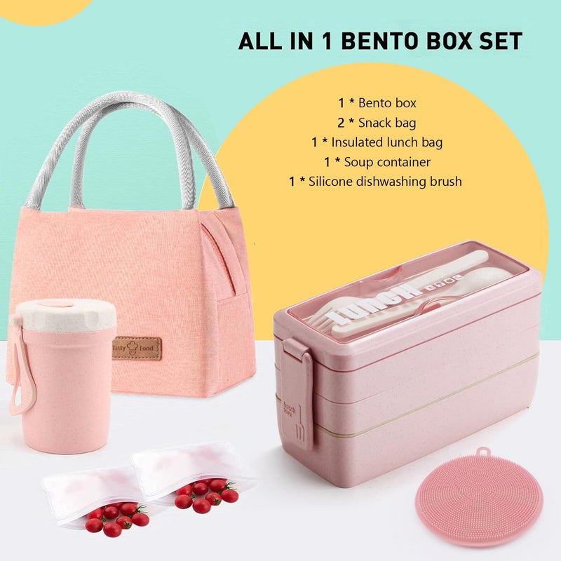 Meltset M Bento Box Japanese Lunch Box Kit Leakproof Bento Lunch Box for Kids Adults Wheat Straw 3 Layer Stackable Lunch Containers with Compartment Eco-Friendly Meal Prep Containers (Pink) - Image 5
