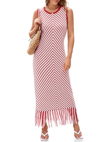 Wenrine Womens Summer Crochet Knit Dress Sleeveless Casual Striped Tassel Tank Sweater Boho Maxi Dresses Red - Image 5