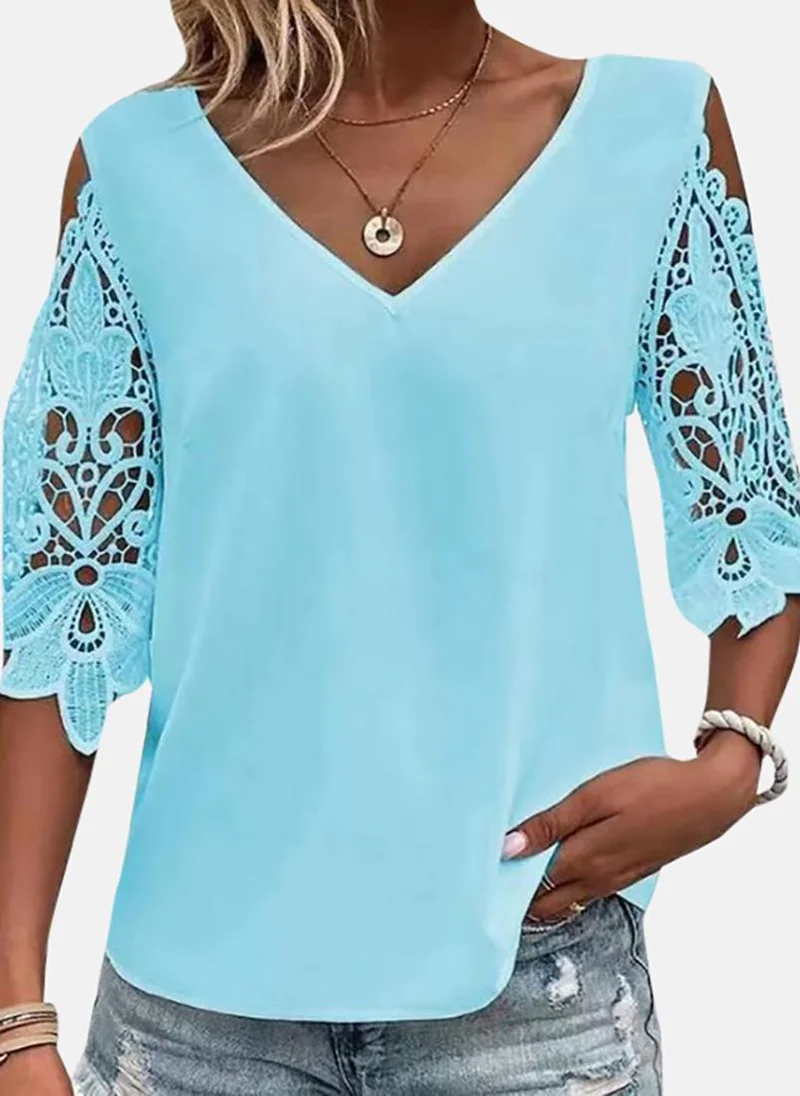 يونيكي Blue Casual V-Neck Three-Quarter Sleeves Tops