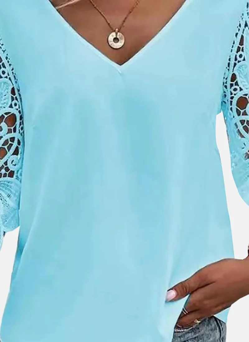 يونيكي Blue Casual V-Neck Three-Quarter Sleeves Tops
