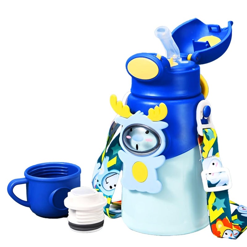 JOYFILLS 2-in-1 Sipper Cum Thermos Flask with Straw & Cup | Kids Water Bottle Premium Stainless Steel 316 | Insulated, Leak-Proof, BPA-Free | School, Play, Travel, Boys, Girls (Blue Deer - 500 ml) - Image 1