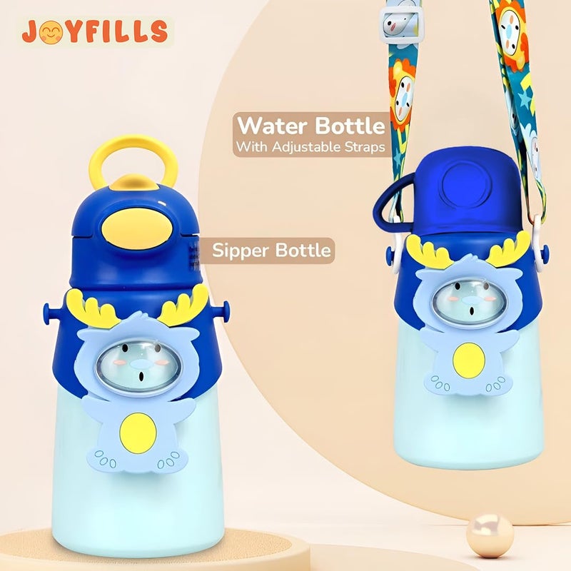 JOYFILLS 2-in-1 Sipper Cum Thermos Flask with Straw & Cup | Kids Water Bottle Premium Stainless Steel 316 | Insulated, Leak-Proof, BPA-Free | School, Play, Travel, Boys, Girls (Blue Deer - 500 ml) - Image 2