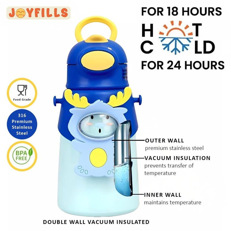 JOYFILLS 2-in-1 Sipper Cum Thermos Flask with Straw & Cup | Kids Water Bottle Premium Stainless Steel 316 | Insulated, Leak-Proof, BPA-Free | School, Play, Travel, Boys, Girls (Blue Deer - 500 ml) - Image 4