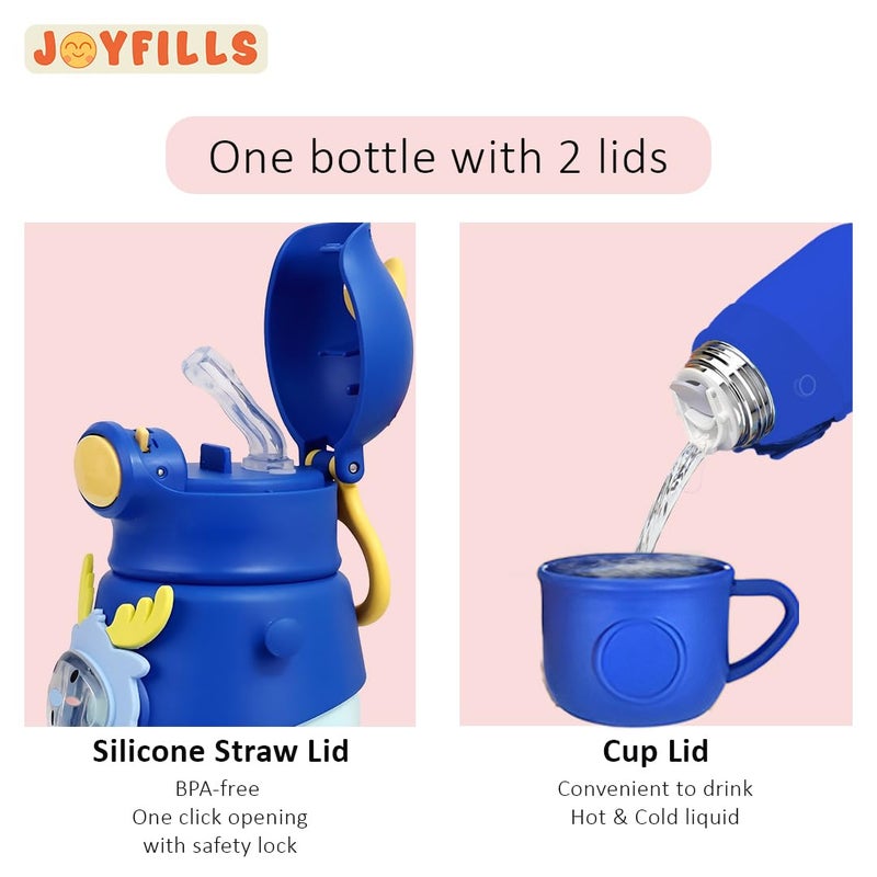 JOYFILLS 2-in-1 Sipper Cum Thermos Flask with Straw & Cup | Kids Water Bottle Premium Stainless Steel 316 | Insulated, Leak-Proof, BPA-Free | School, Play, Travel, Boys, Girls (Blue Deer - 500 ml) - Image 3