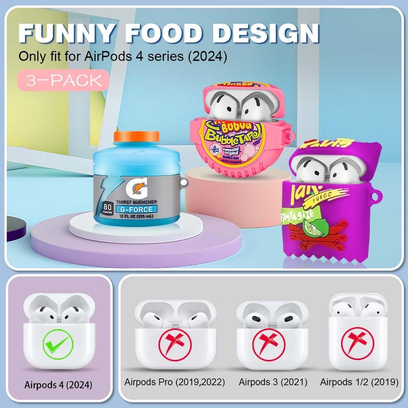 FGERWZ 3Pack Cute Airpods 4 Case - 3D Cartoon Funny Food Design Silicone Cover Compatible for Airpods 4th Generation - Cute Case Accessories with Keychain/Cleaner Pen (Blue+Purple+Pink) - Image 2