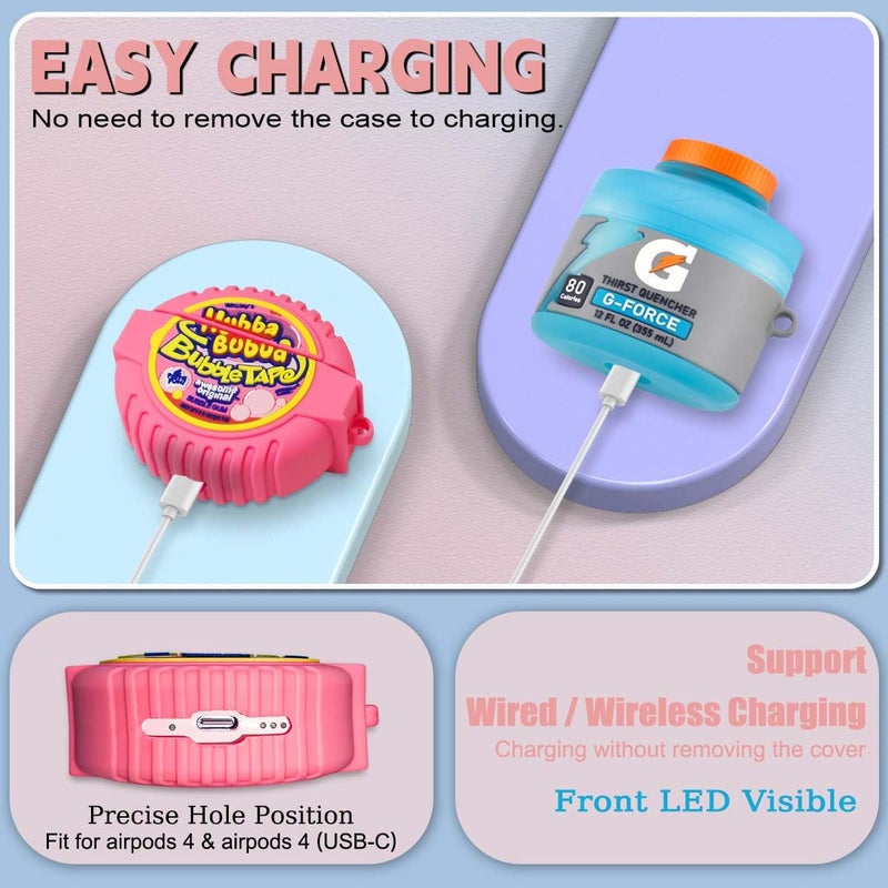 FGERWZ 3Pack Cute Airpods 4 Case - 3D Cartoon Funny Food Design Silicone Cover Compatible for Airpods 4th Generation - Cute Case Accessories with Keychain/Cleaner Pen (Blue+Purple+Pink) - Image 4