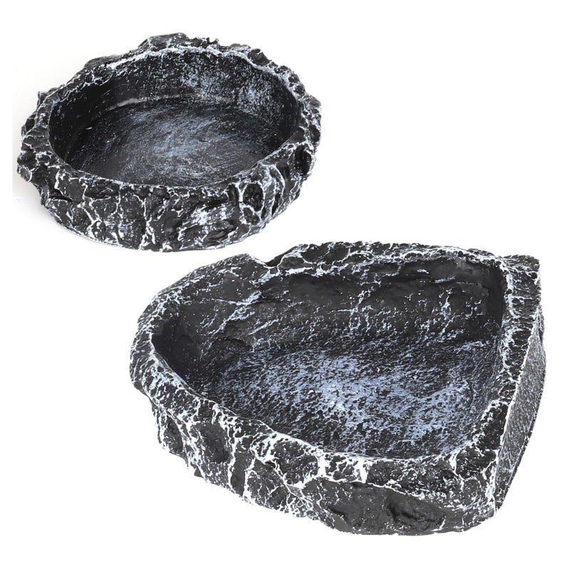 Hygger zoo Reptile Water Dish Food Bowl for Bearded Dragon Tank Accessories, Reptile Rock Feeder for Tank 2 Pack Corner Resin Terrarium Bowl for Leopard Gecko Hermit Crab Tortoise Snake, Black - Image 1