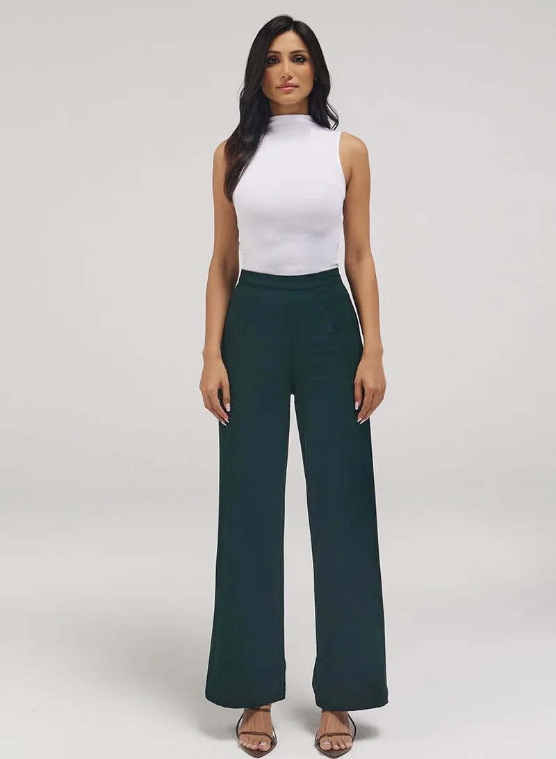 Zigzag Flared Leg Formal Pant - Dark Green