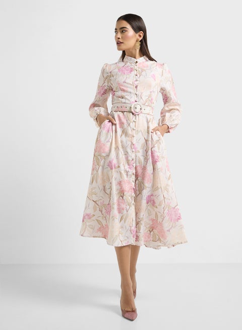 فستان بحزام بنقوش الزهور