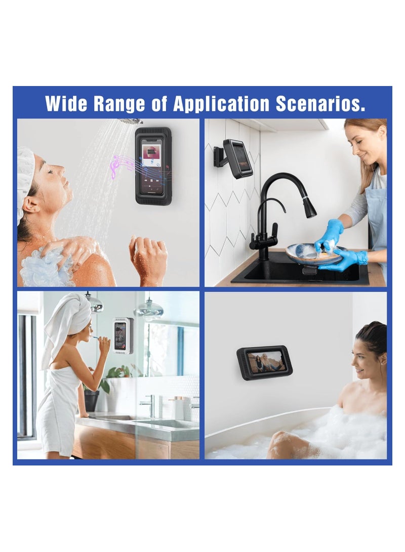 KASTWAVE حامل هاتف مقاوم للماء للاستحمام، حامل هاتف مثبت على الحائط مع شاشة تعمل باللمس ومكبر صوت، دوران 360°، يناسب حتى 7 بوصة لحمام و بانيو ومطبخ لجهاز iPhone وسامسونغ وأندرويد (أسود) - Image 5