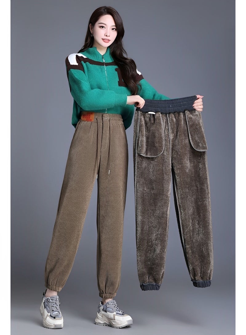 REOCLE Women's Corduroy Pants Elastic Waist Trousers Vintage High Waisted Straight Leg Pants Trouser Casual Straight Leg Pleated Dress Pants - Image 3