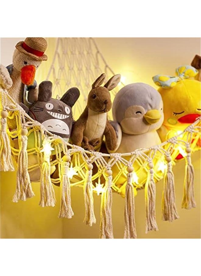 Gonice Stuffed Animal Toy Storage Hammock with LED Light - Macrame Jumbo Doll Corner Stuff Animals Organizer Decorations - Cute Hanging Plushie Net Kids Baby Nursery Bedroom Room Decor  - Image 3