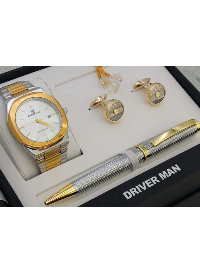 DRIVERMAN Driver Man men's watch set with a luxury box. Consisting of a watch, pen, cufflinks, and rosary.