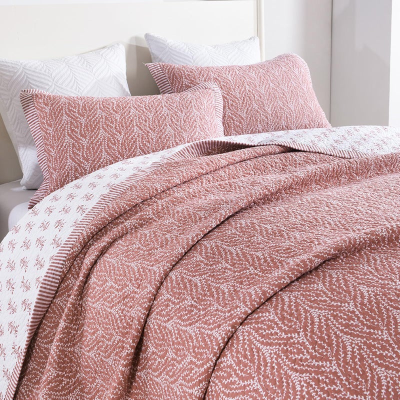SahSahCasa Quilt Set Queen Size, 100% Cotton Quilt Bedding Set Bedspread, Botanical Pattern Solid Color Chic Lightweight Quilted Comforter for Queen Bed, White/Old Rose, All Season, 3 Pieces - Image 1