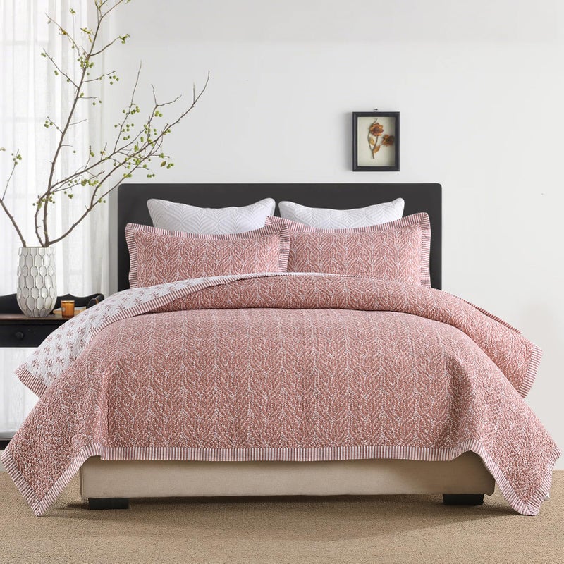 SahSahCasa Quilt Set Queen Size, 100% Cotton Quilt Bedding Set Bedspread, Botanical Pattern Solid Color Chic Lightweight Quilted Comforter for Queen Bed, White/Old Rose, All Season, 3 Pieces - Image 2