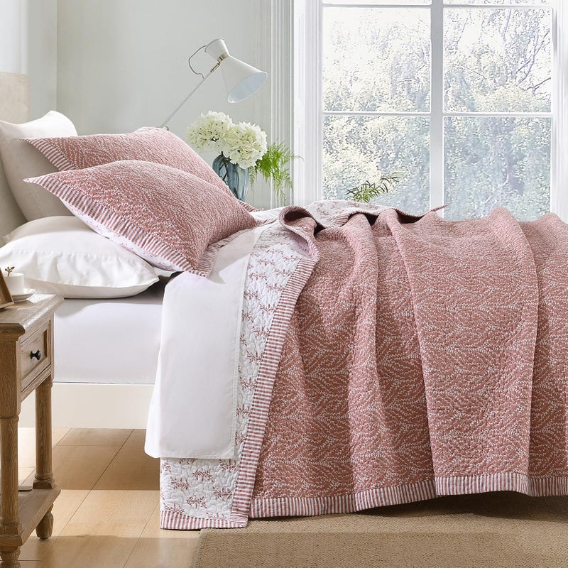 SahSahCasa Quilt Set Queen Size, 100% Cotton Quilt Bedding Set Bedspread, Botanical Pattern Solid Color Chic Lightweight Quilted Comforter for Queen Bed, White/Old Rose, All Season, 3 Pieces - Image 3