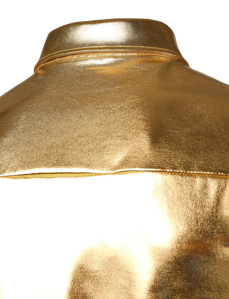 JOGAL Men's 70s Disco Shiny Metallic Gold Silver Short Sleeve Button Down Shirts X-Large Gold - Image 5