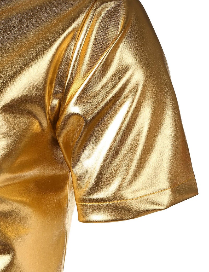 JOGAL Men's 70s Disco Shiny Metallic Gold Silver Short Sleeve Button Down Shirts X-Large Gold - Image 4