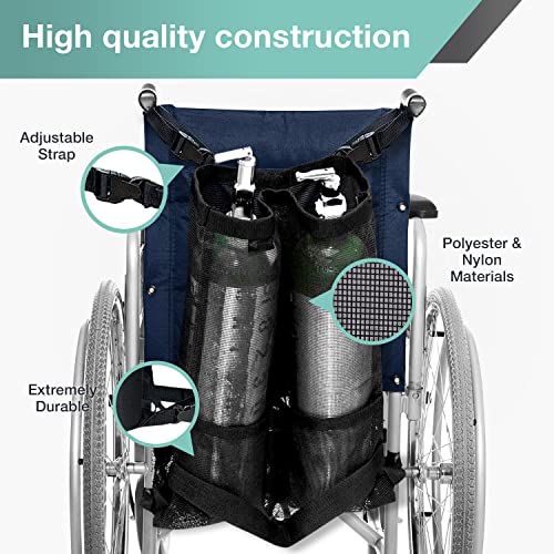 AdirMed Dual Oxygen Tank Holder for Wheelchair - Oxygen Storage Bag with Mesh Storage Pocket Fits Portable Cylinder Oxygen Tank D & E for Medical Use, Home, Hospital - Image 3