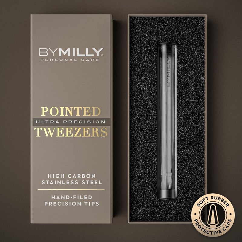 By MILLY Pointed Tweezers | High Carbon Stainless Steel Needle Nose | Fine Point Precision Hair Removal | Perfectly Aligned & Hand-Filed Sharp | Silver - Image 2
