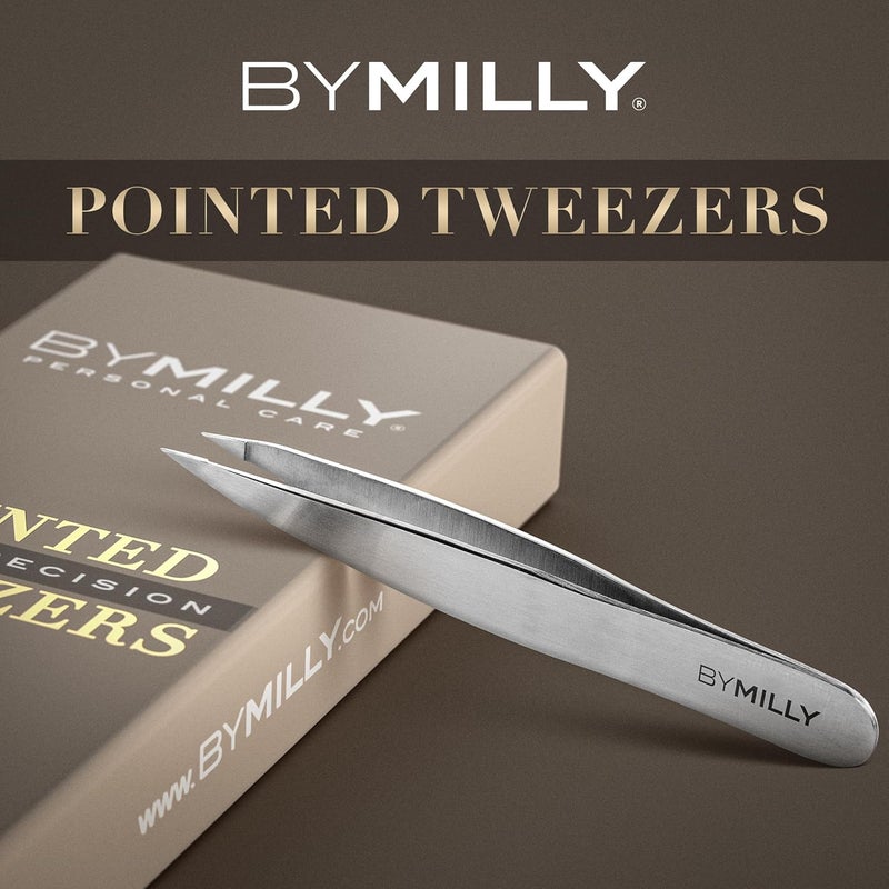 By MILLY Pointed Tweezers | High Carbon Stainless Steel Needle Nose | Fine Point Precision Hair Removal | Perfectly Aligned & Hand-Filed Sharp | Silver - Image 3
