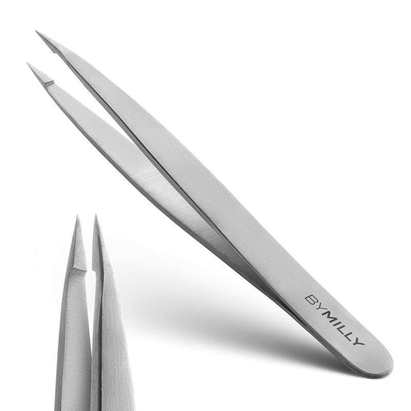 By MILLY Pointed Tweezers | High Carbon Stainless Steel Needle Nose | Fine Point Precision Hair Removal | Perfectly Aligned & Hand-Filed Sharp | Silver - Image 1