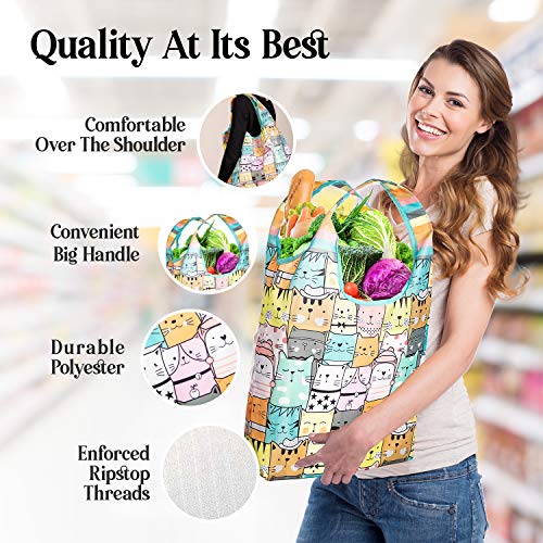 O-WITZ Reusable Grocery Bags | Vibrant Tote Bag For Groceries, Gym, Office, Beach & More | Washable Design With Large Handles For Maximum Convenience | Folds Into A Small Pouch, 5 Pack, Animals - Image 3